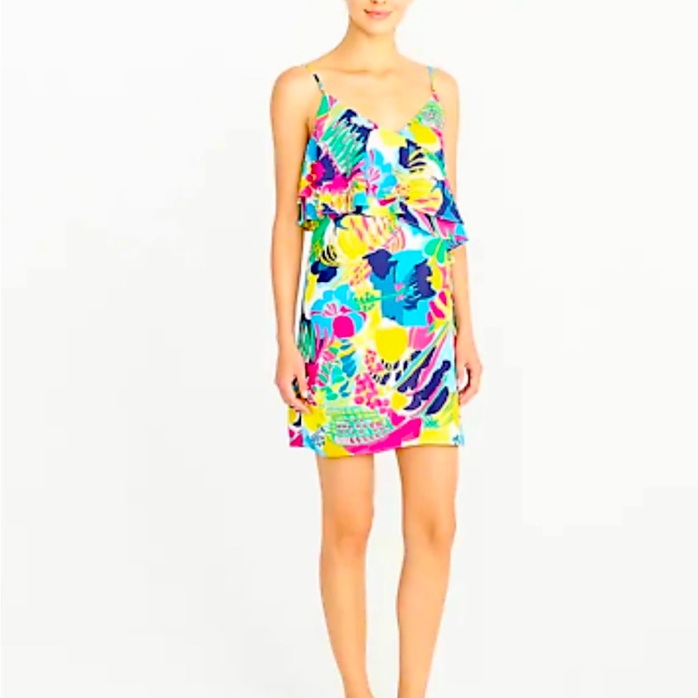 J. Crew Women's tropical yellow and green print ruffle top slip mini dress